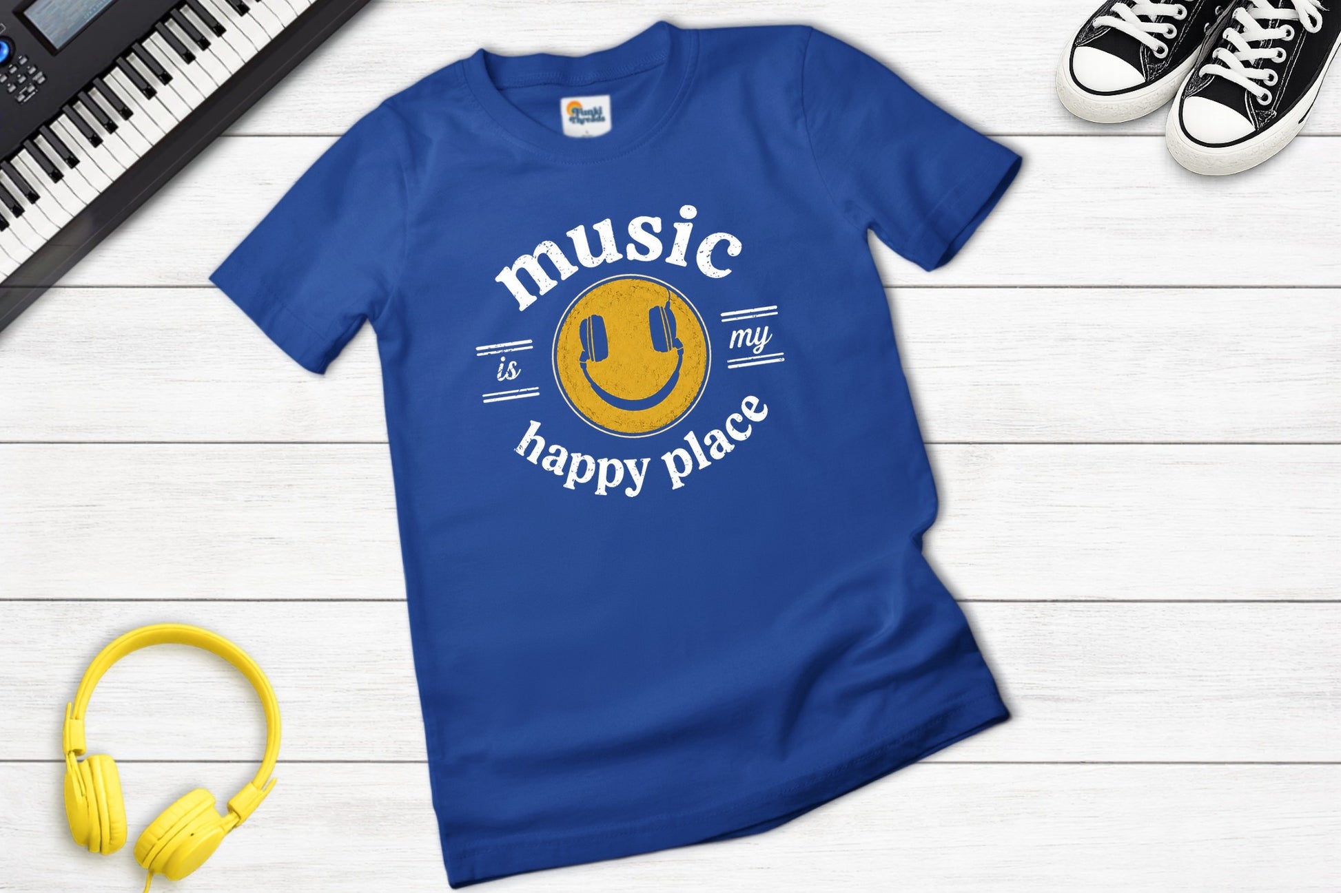 Music Is My Happy Place music tee in royal blue