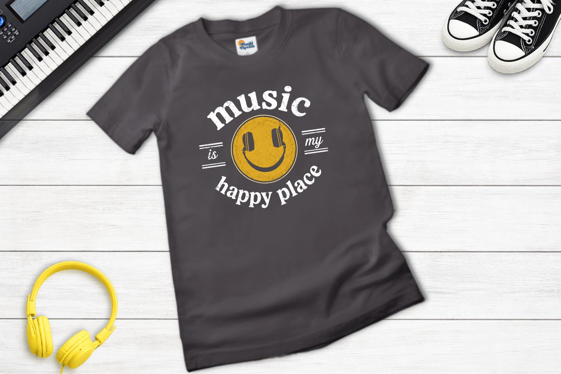 Music Is My Happy Place music tee in charcoal