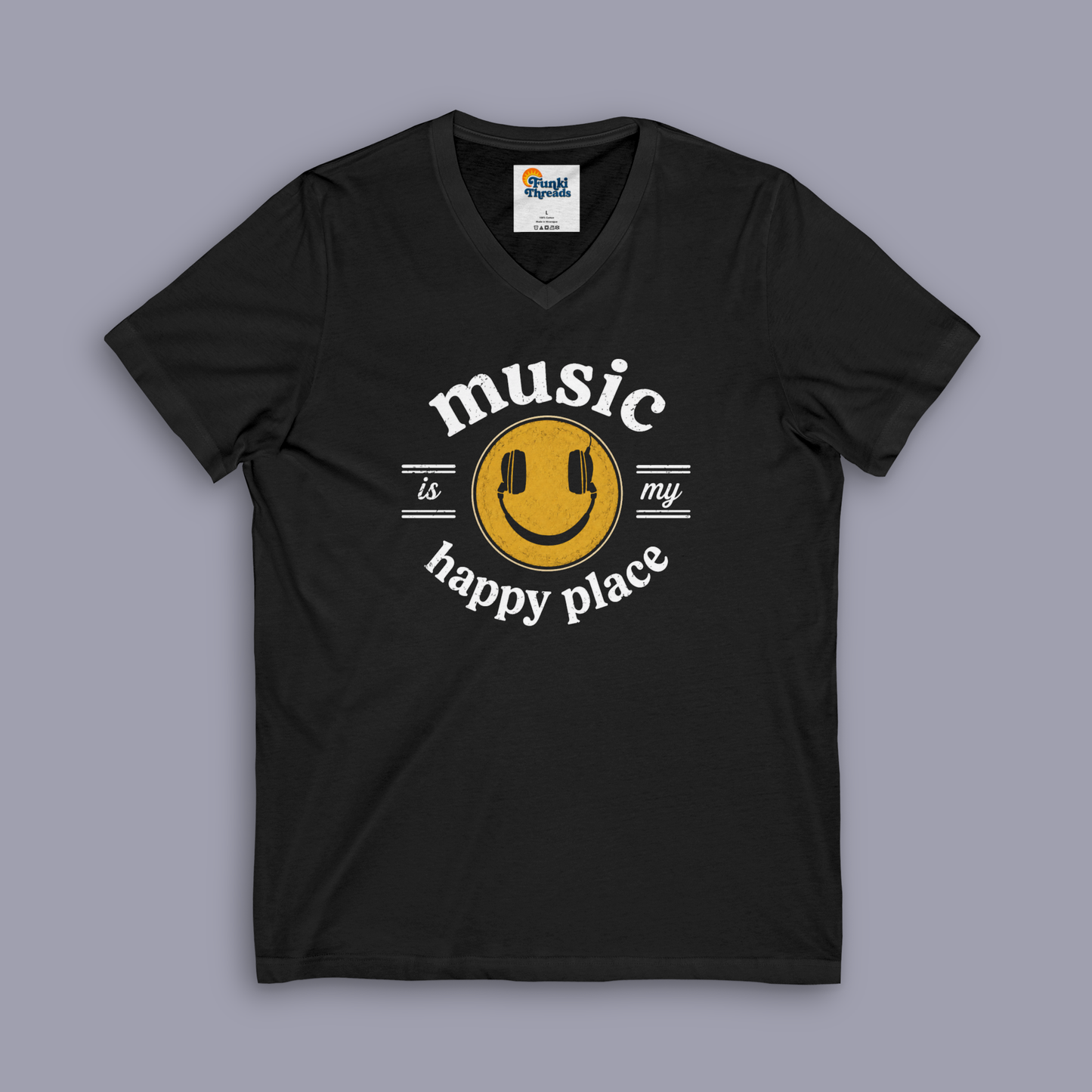 Music Is My Happy Place V-neck music tee shown on gray mockup