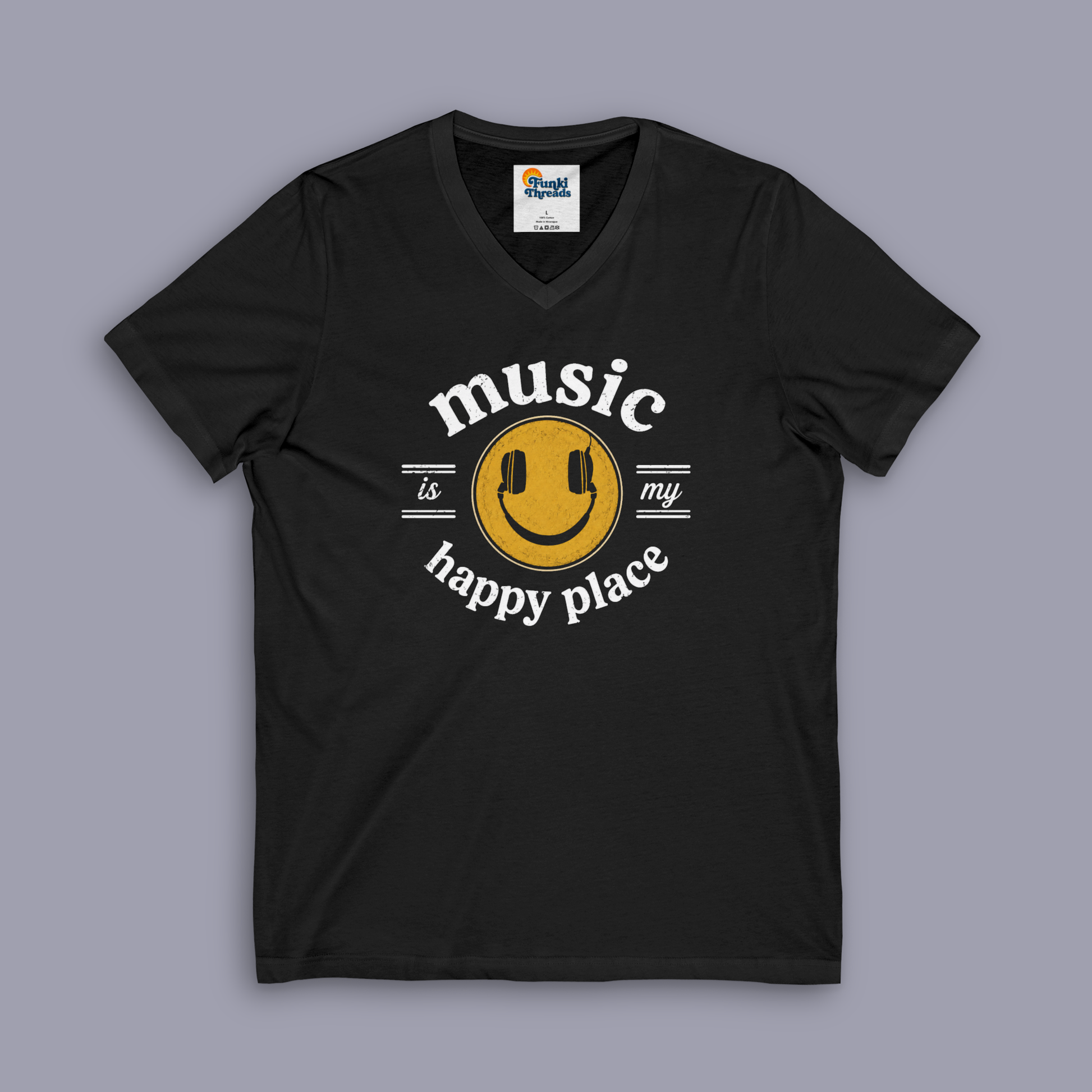 Music Is My Happy Place V-neck music tee shown on gray mockup