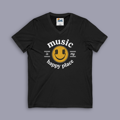 Music Is My Happy Place V-neck music tee shown on gray mockup