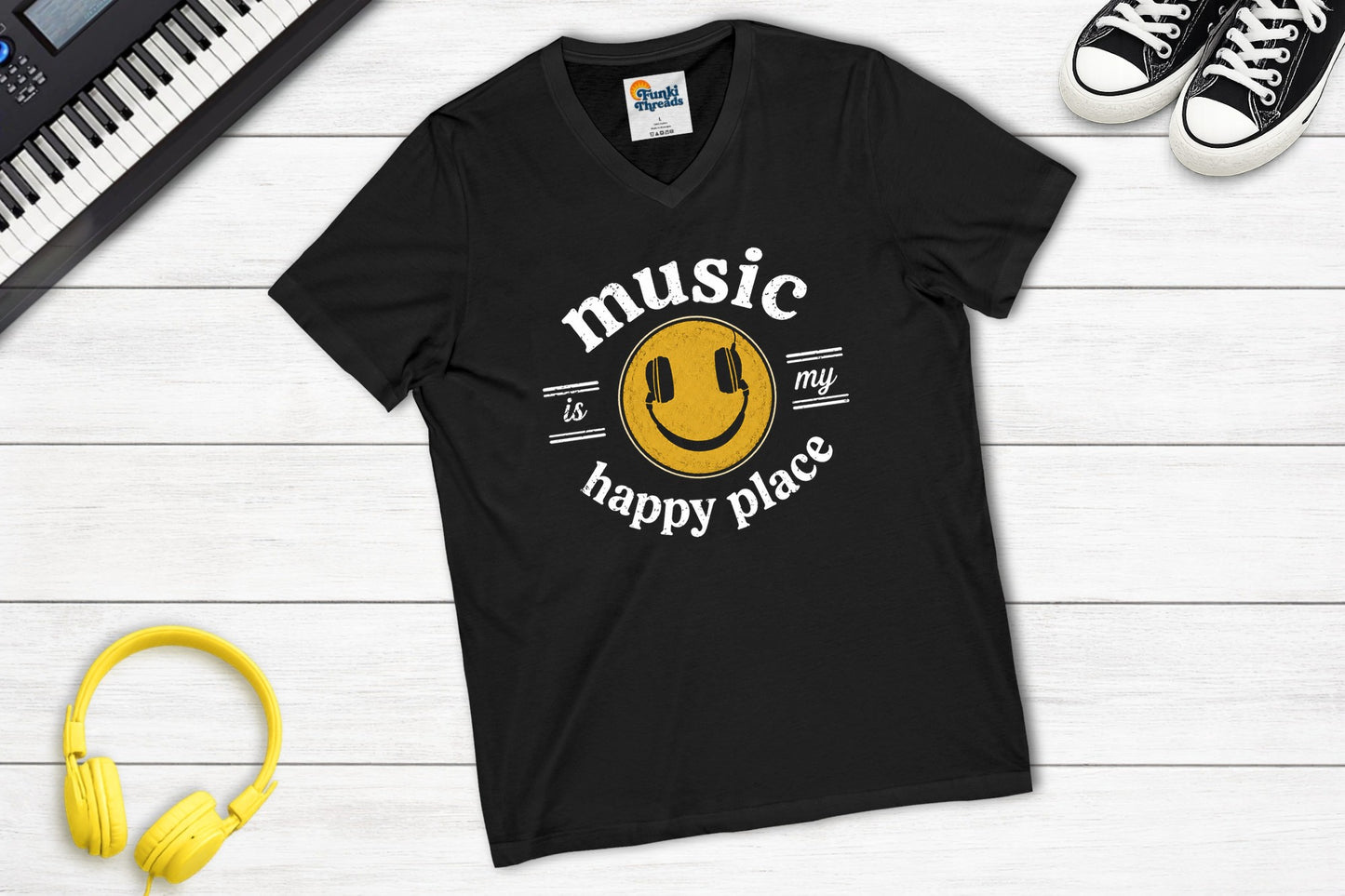 Music Is My Happy Place V-neck music tee in black
