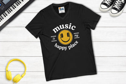 Music Is My Happy Place V-neck music tee in black