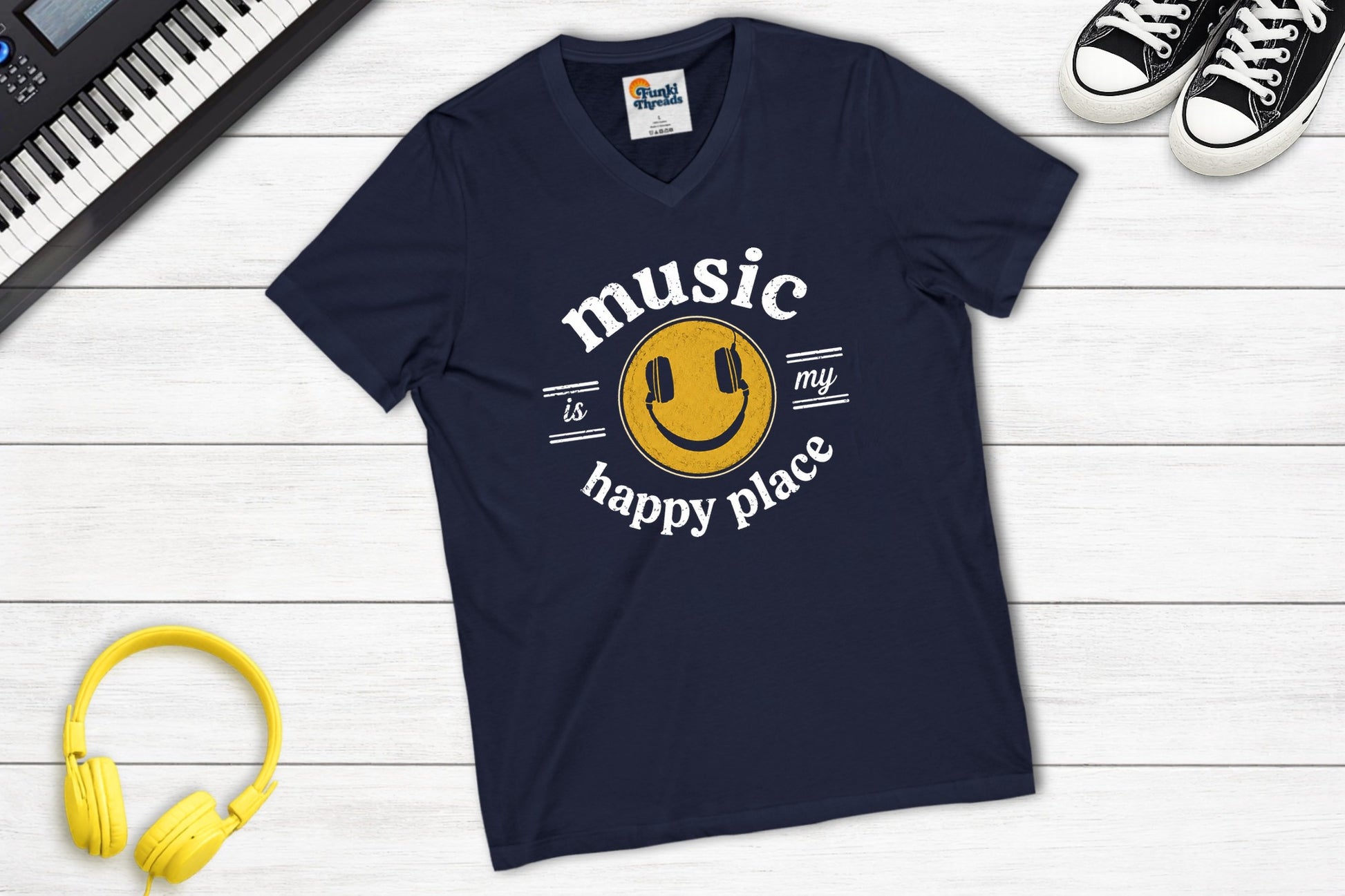 Music Is My Happy Place V-neck music tee in navy