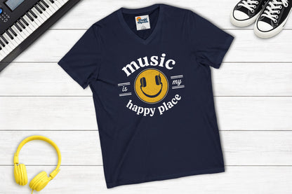 Music Is My Happy Place V-neck music tee in navy