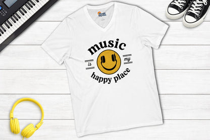 Music Is My Happy Place V-neck music tee in white