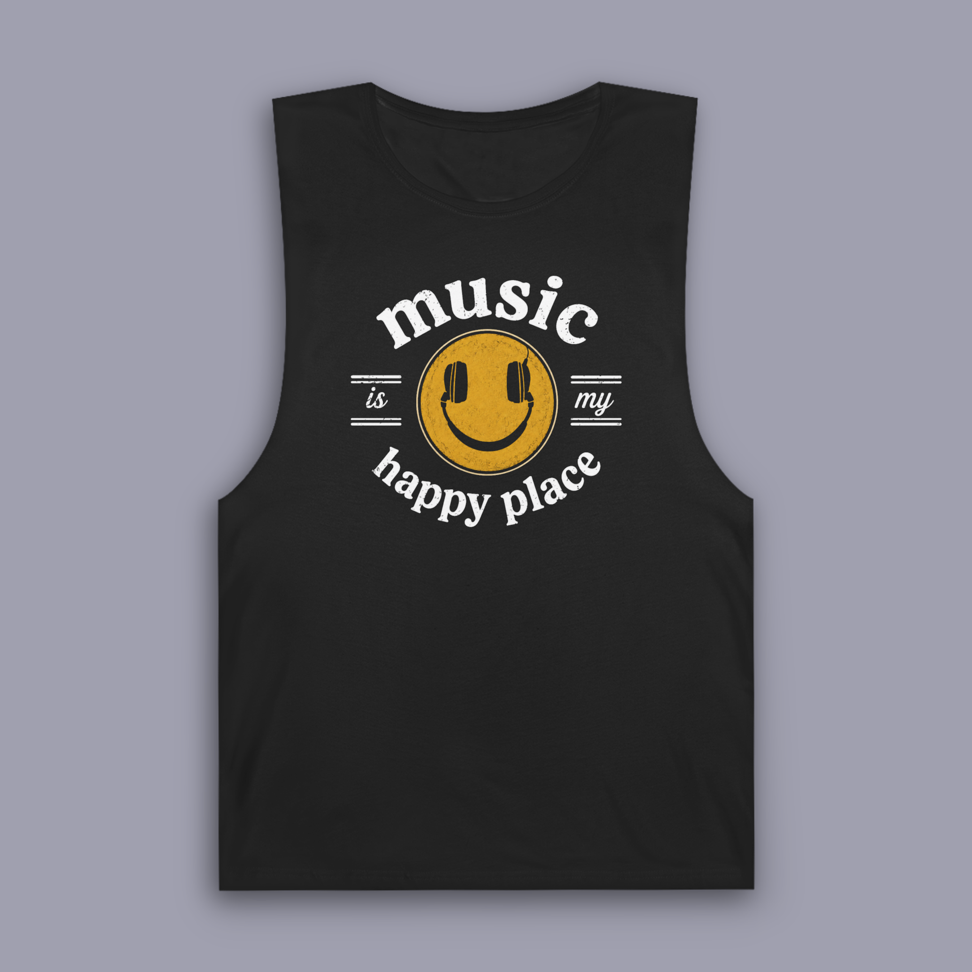 Music Is My Happy Place sleeveless music tank shown on gray mockup