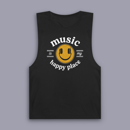 Music Is My Happy Place sleeveless music tank shown on gray mockup