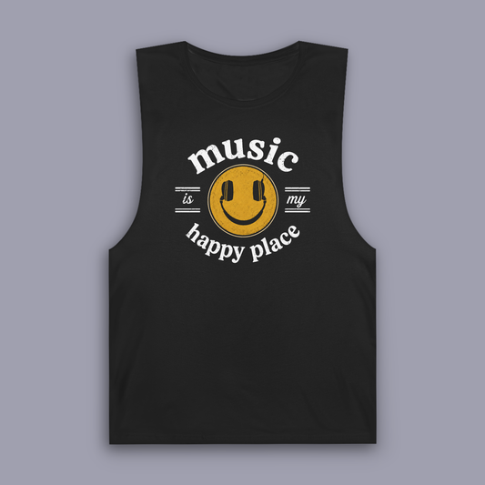Music Is My Happy Place sleeveless music tank shown on gray mockup