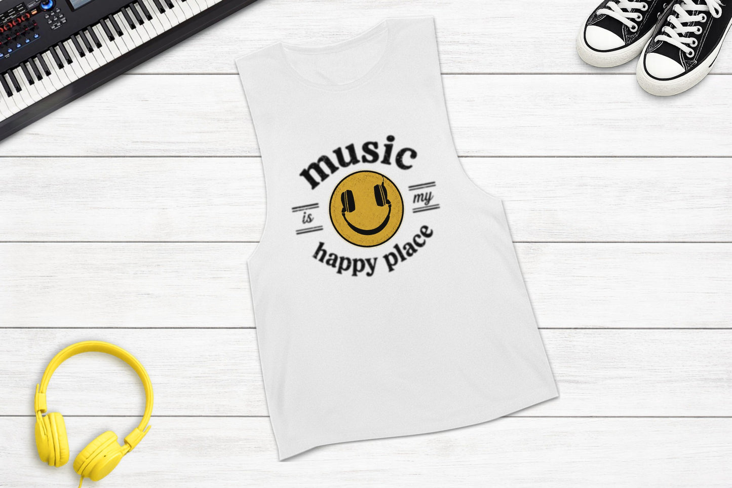 Music Is My Happy Place sleeveless music tank in white