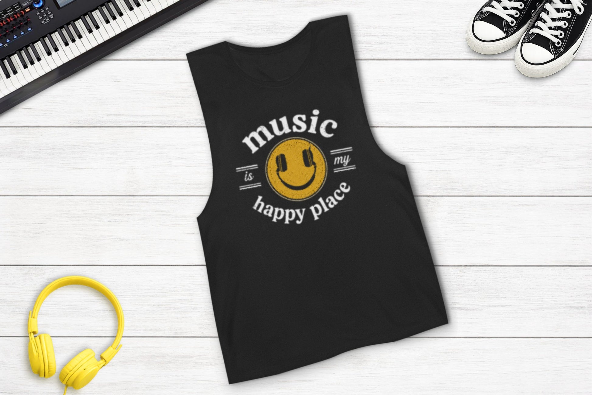 Music Is My Happy Place sleeveless music tank — lifestyle photo