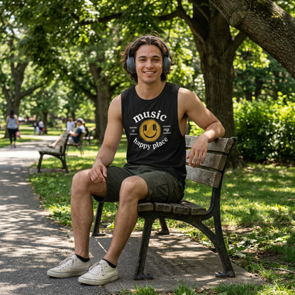 Music Is My Happy Place sleeveless music tank in black