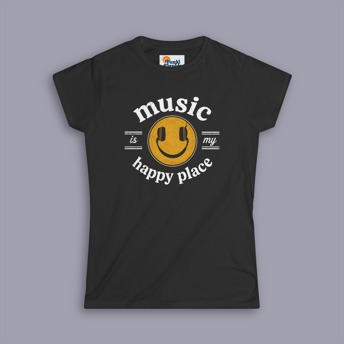 Music Is My Happy Place women's fitted music tee on gray mockup