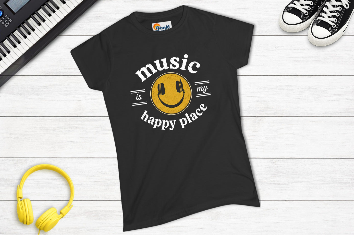 Music Is My Happy Place women's fitted music tee