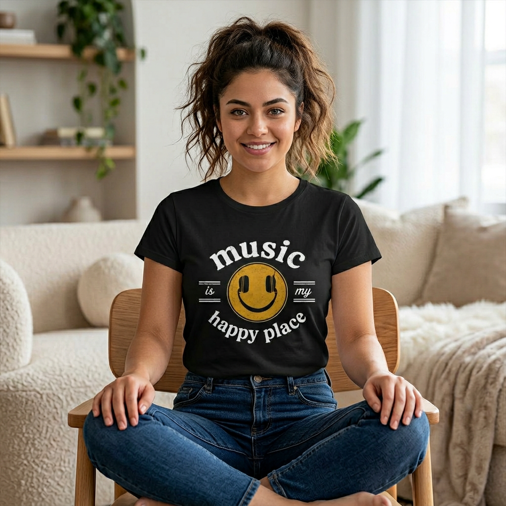 Music Is My Happy Place women's fitted music tee in black