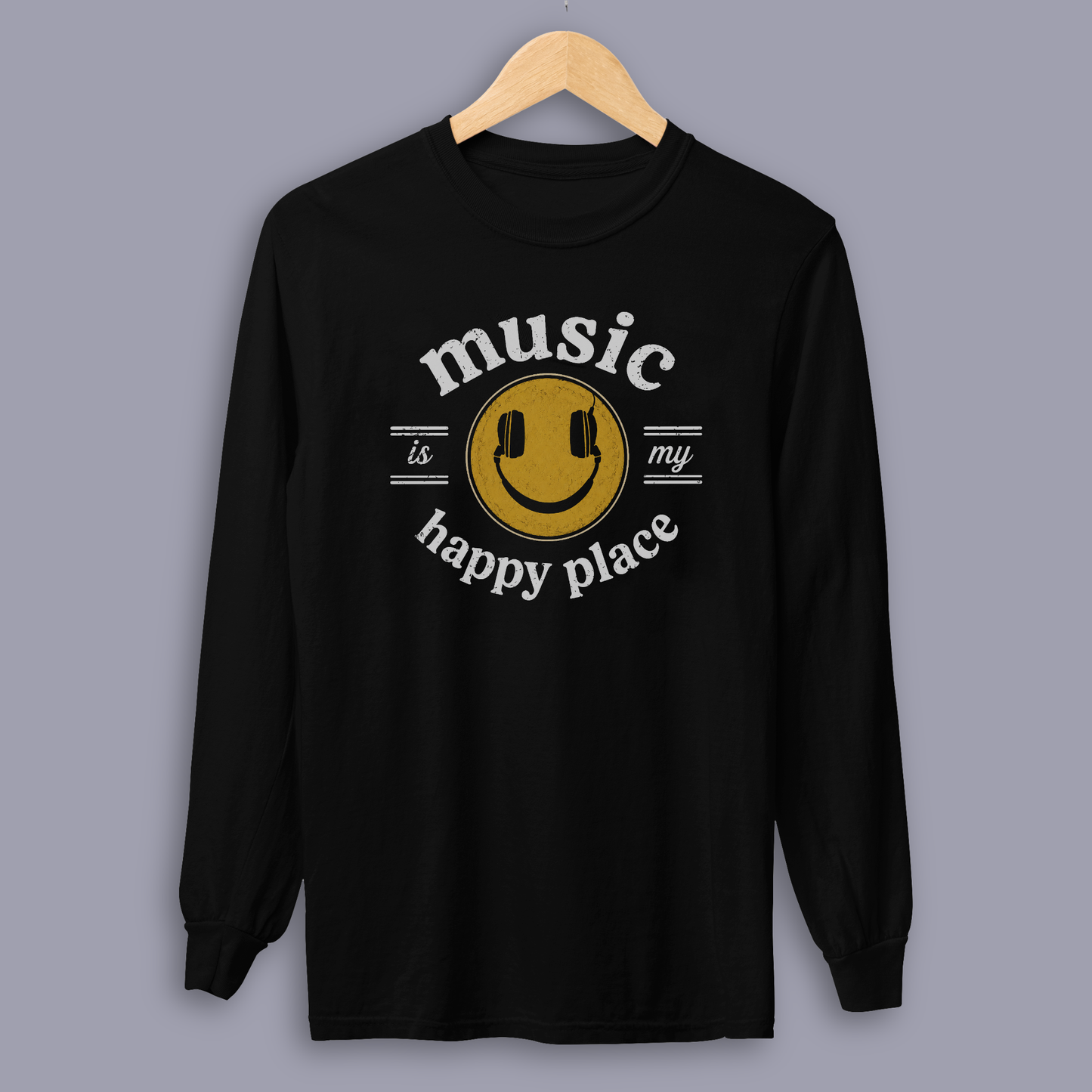 Music Is My Happy Place long sleeve music tee shown on gray mockup