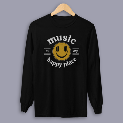 Music Is My Happy Place long sleeve music tee shown on gray mockup