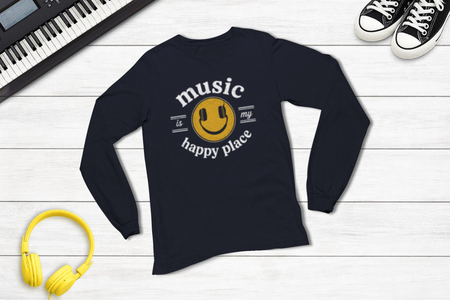 Music Is My Happy Place long sleeve music tee in navy