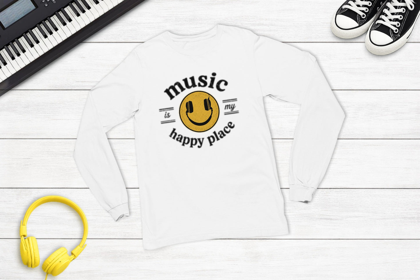 Music Is My Happy Place long sleeve music tee in white