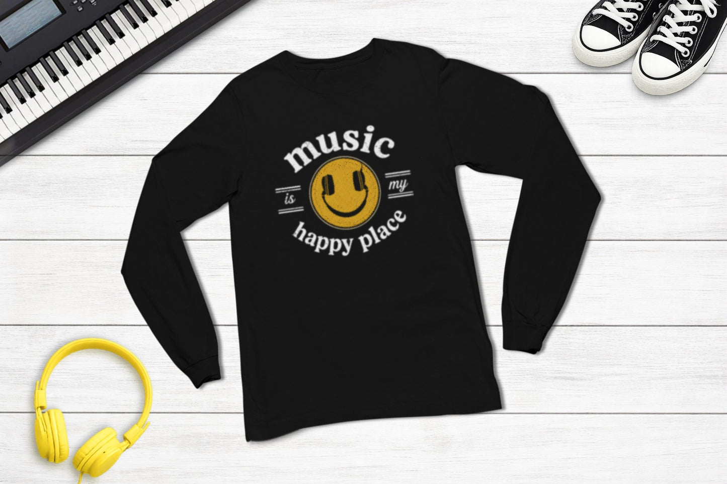 Music Is My Happy Place long sleeve music tee — lifestyle photo