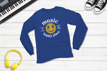 Music Is My Happy Place long sleeve music tee in royal blue