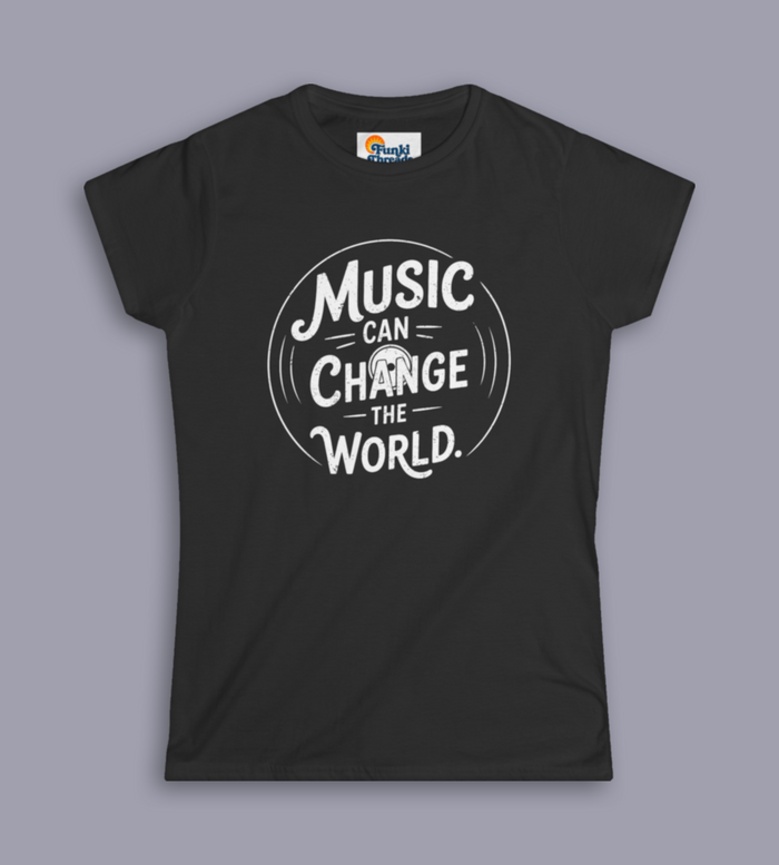 Music Can Change The World women's music tee shown on gray mockup