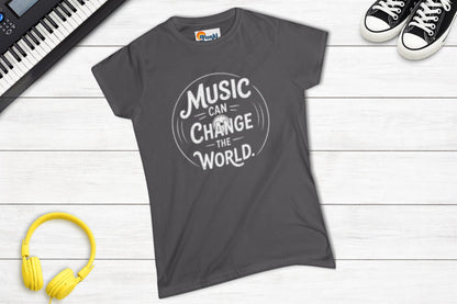Music Can Change The World women's fitted music tee in charcoal