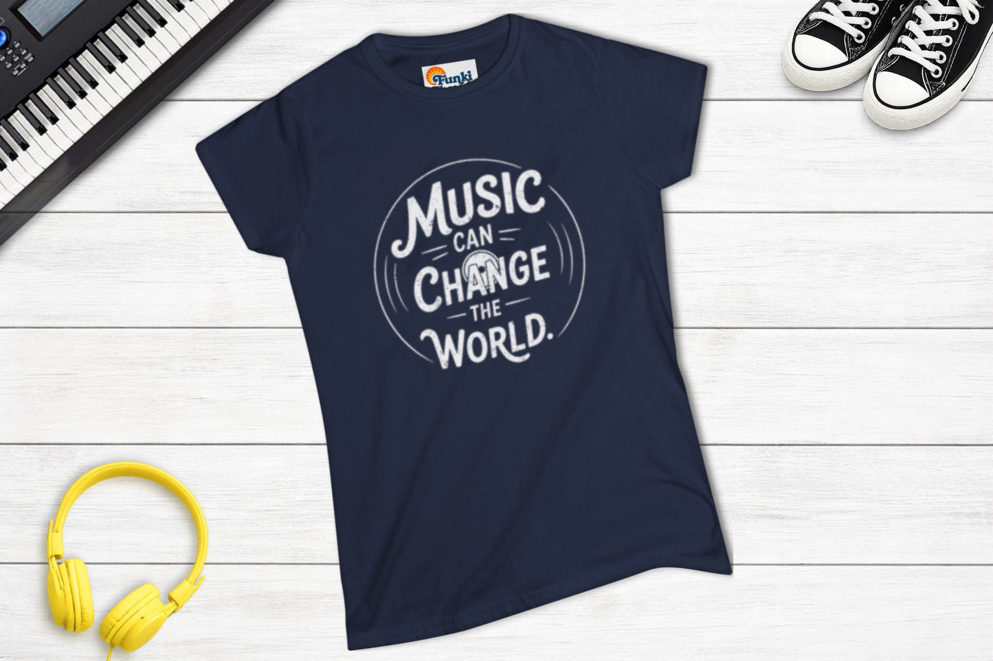 Music Can Change The World women's fitted music tee in navy