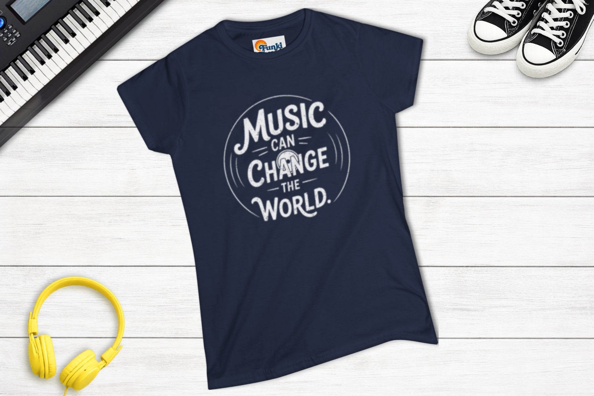 Music Can Change The World women's fitted music tee in navy