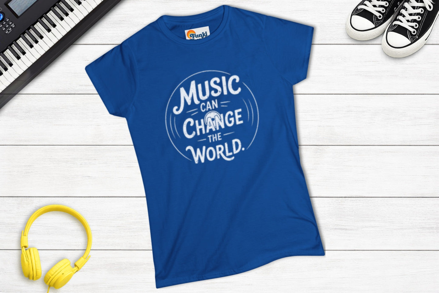 Music Can Change The World women's fitted music tee in royal blue