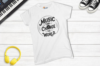 Music Can Change The World women's fitted music tee in white