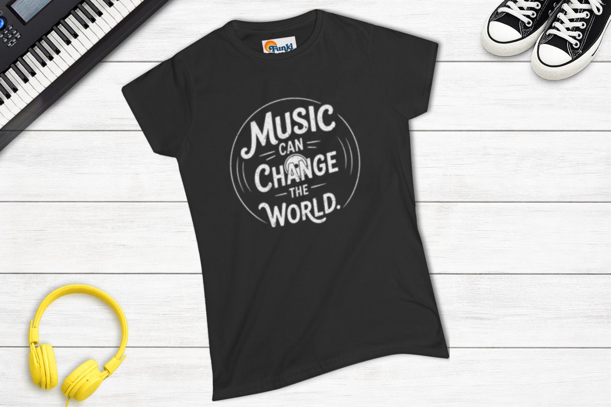 Music Can Change The World women's fitted music tee in black