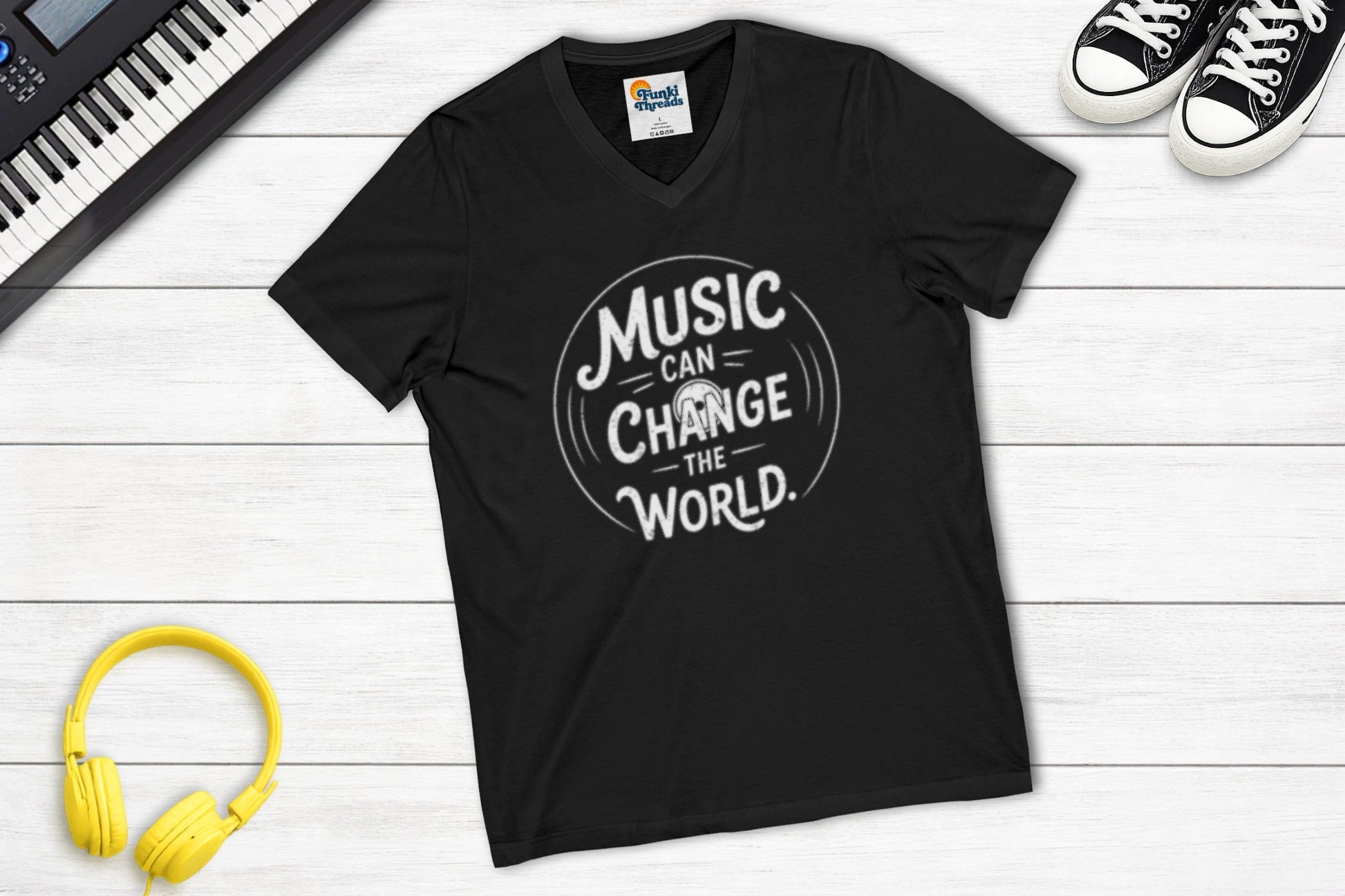 Music Can Change The World V-neck music tee in black