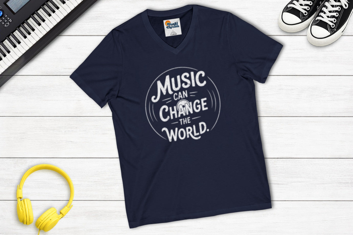 Music Can Change The World V-neck music tee in navy
