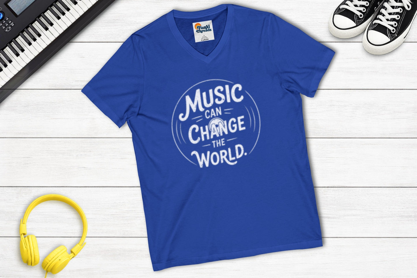 Music Can Change The World V-neck music tee in royal blue