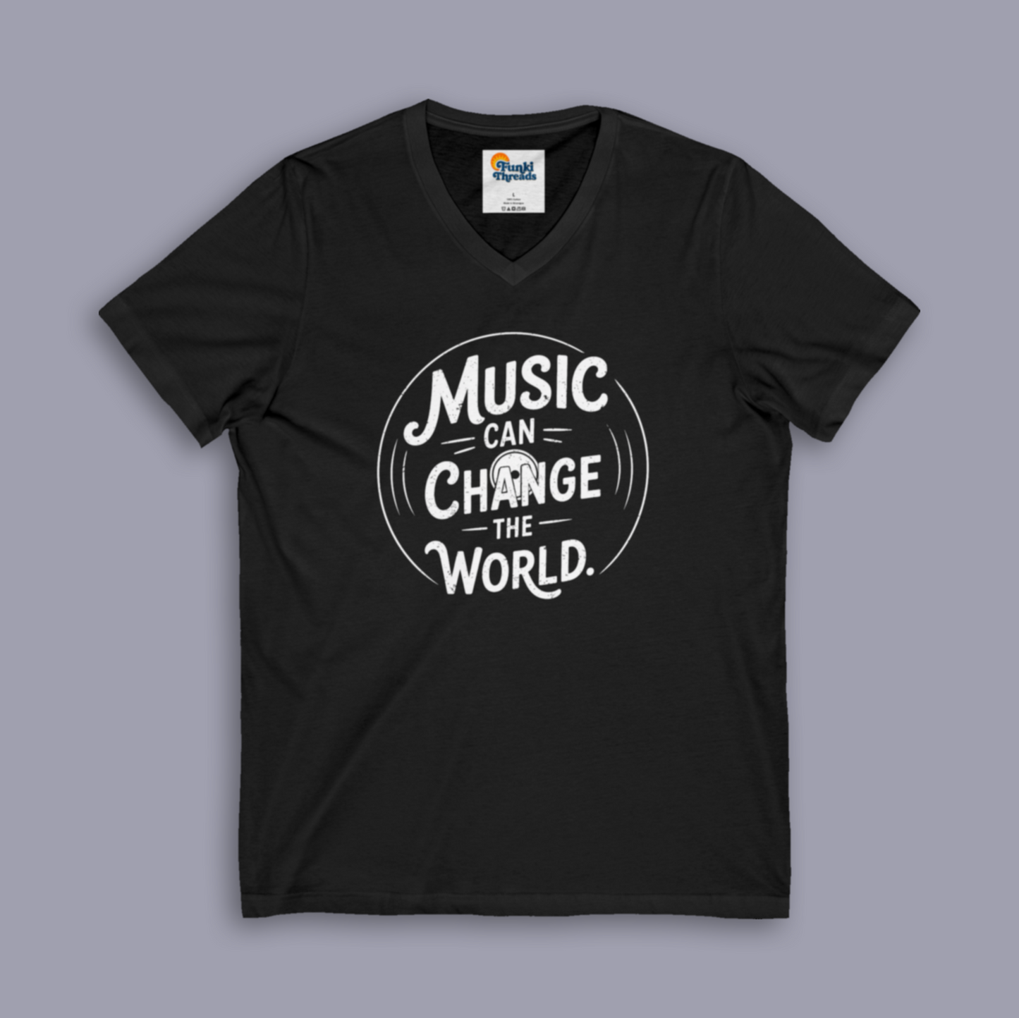 Music Can Change The World V-neck music tee shown on gray mockup