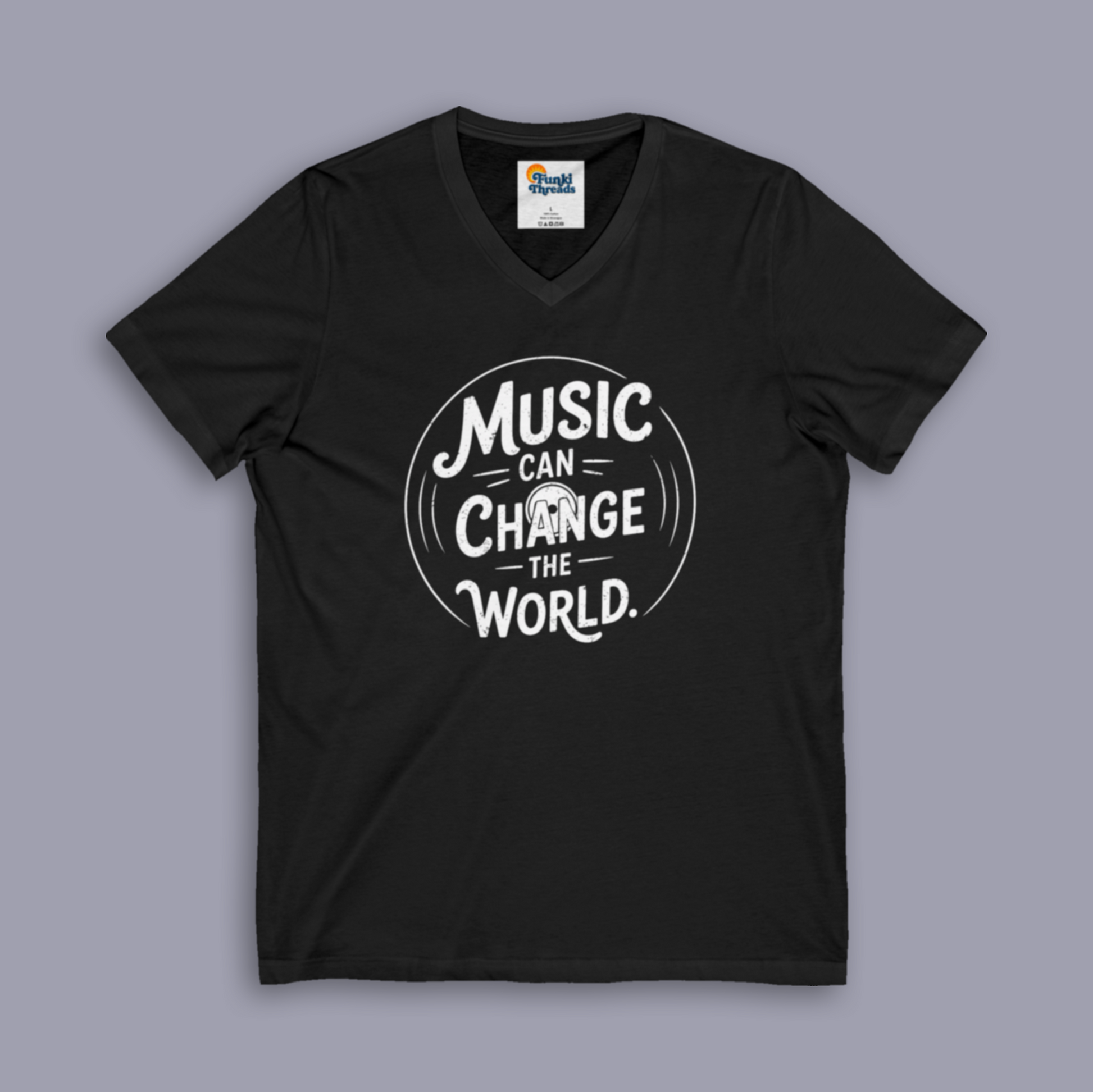 Music Can Change The World V-neck music tee shown on gray mockup