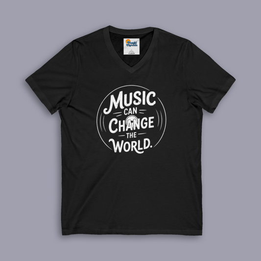 Music Can Change The World V-neck music tee shown on gray mockup