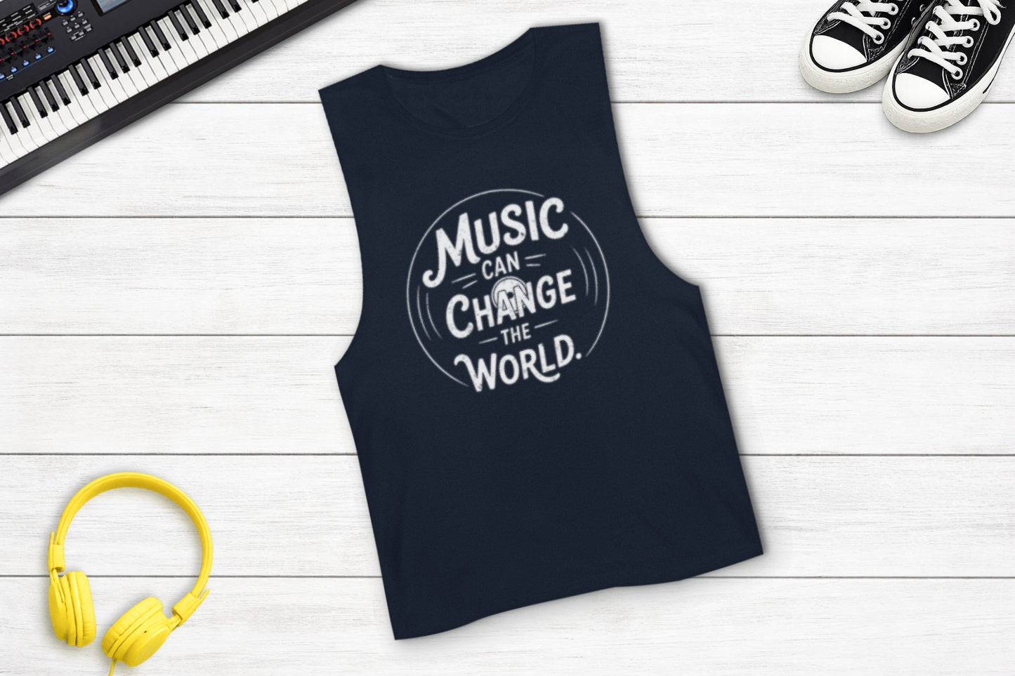 Music Can Change The World sleeveless music tank in navy