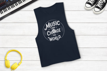 Music Can Change The World sleeveless music tank in navy