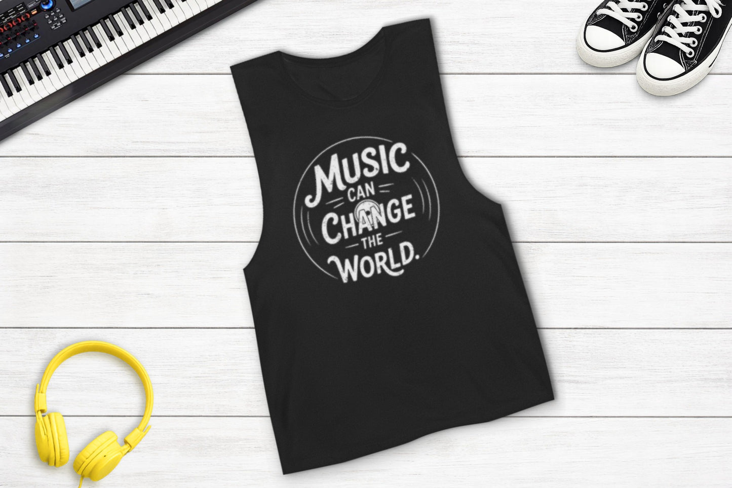 Music Can Change The World sleeveless music tank — lifestyle photo
