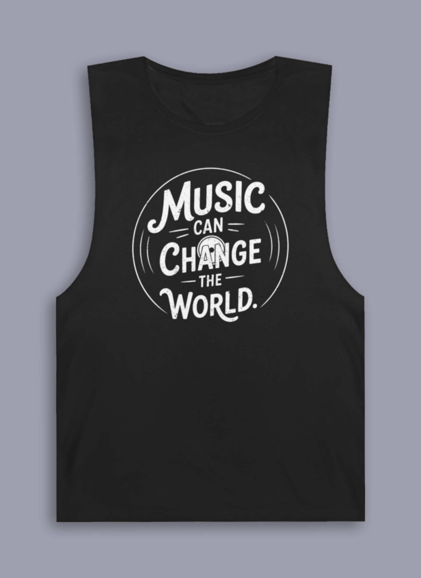 Music Can Change The World sleeveless music tank shown on gray mockup