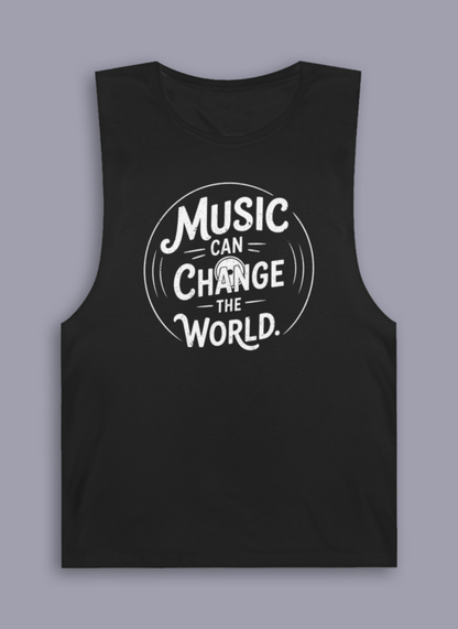 Music Can Change The World sleeveless music tank shown on gray mockup