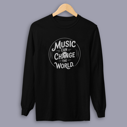 Music Can Change The World long sleeve music tee shown on gray mockup