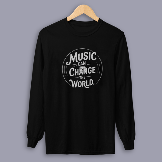 Music Can Change The World long sleeve music tee shown on gray mockup