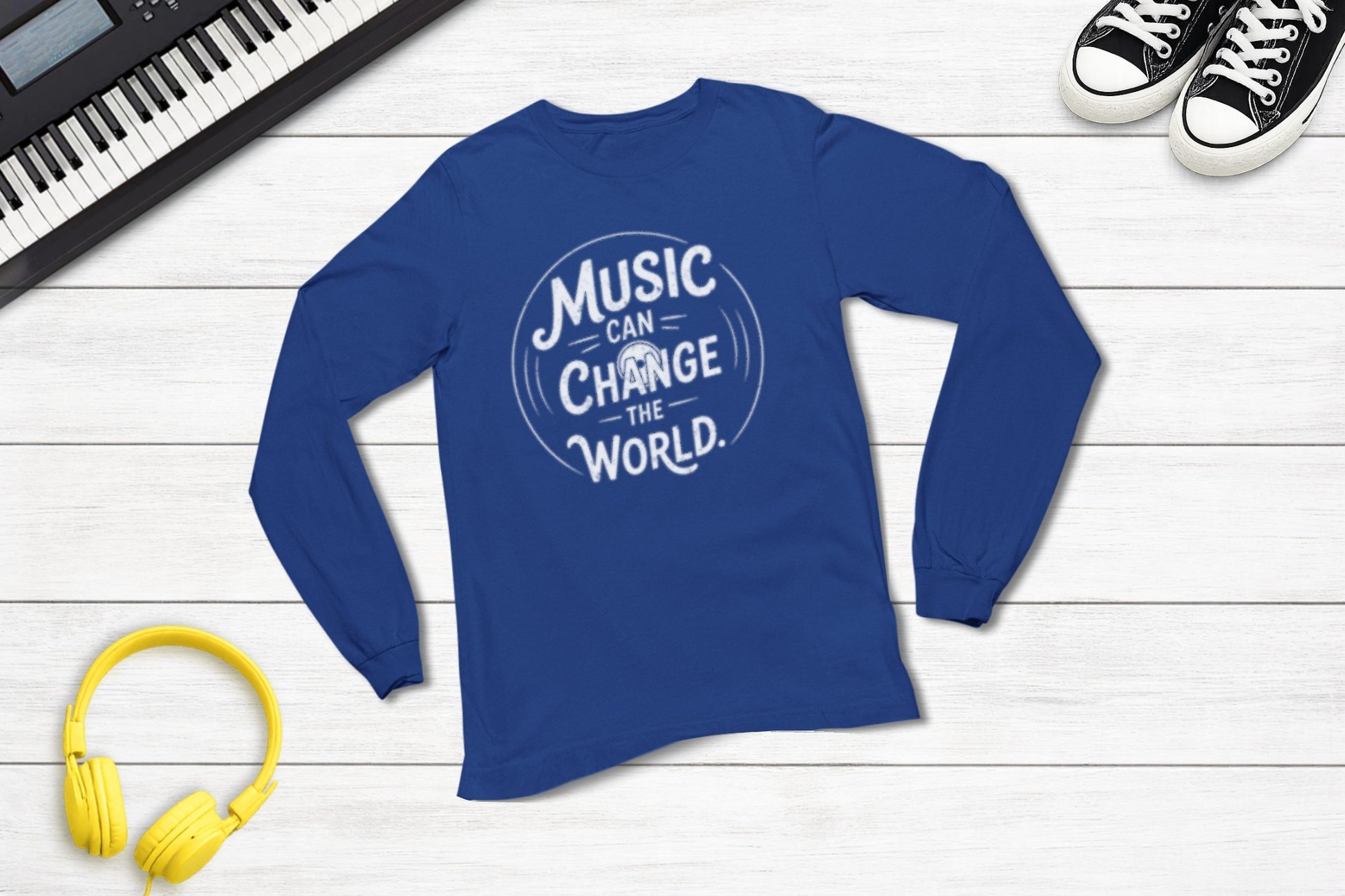 Music Can Change The World long sleeve music tee in royal blue