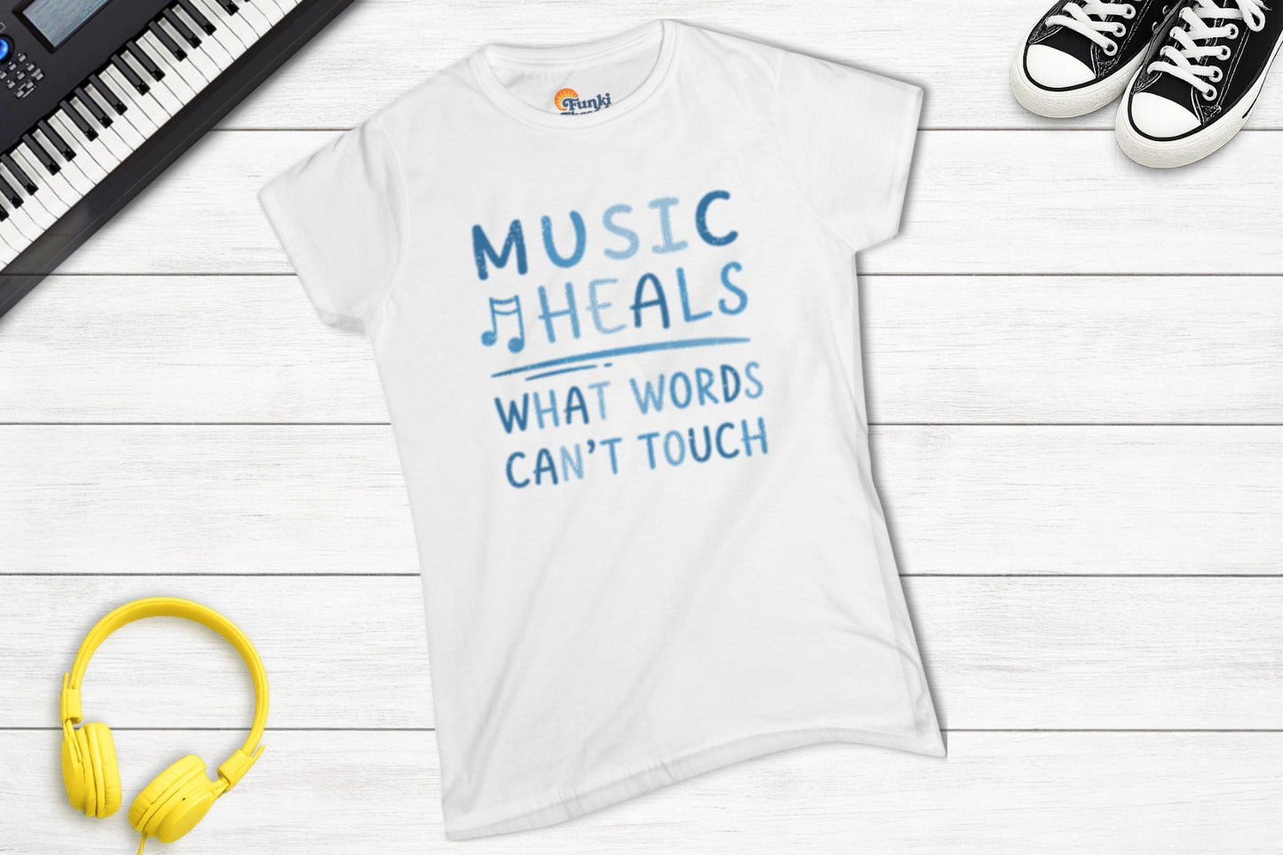 Music Heals What Words Can't Touch – Shady Blue – Women's Fitted Tee