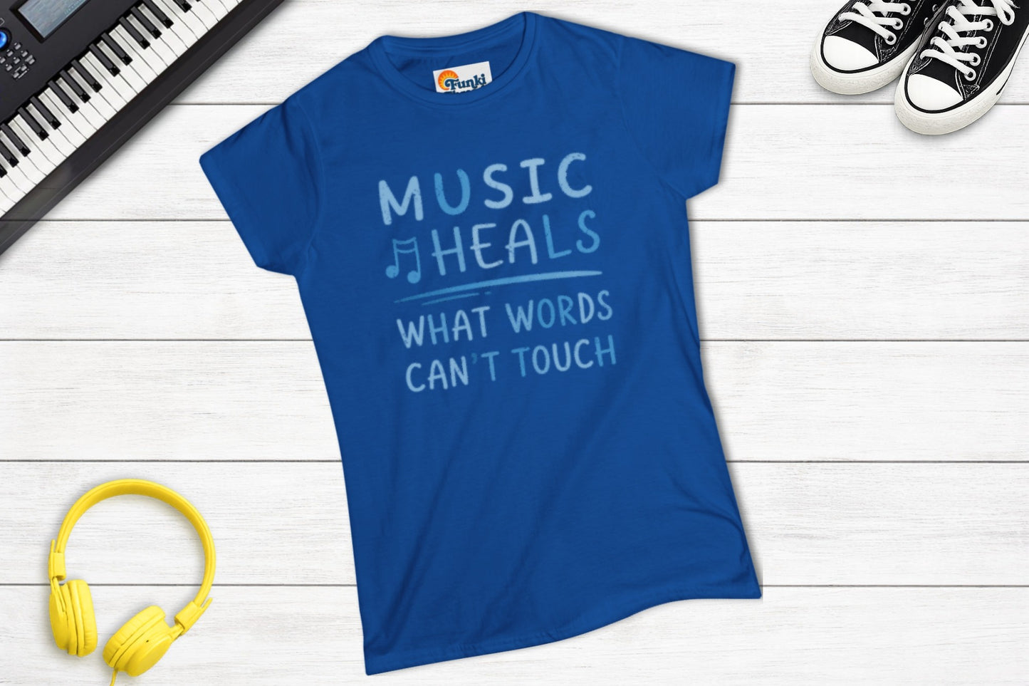 Music Heals What Words Can't Touch – Shady Blue – Women's Fitted Tee