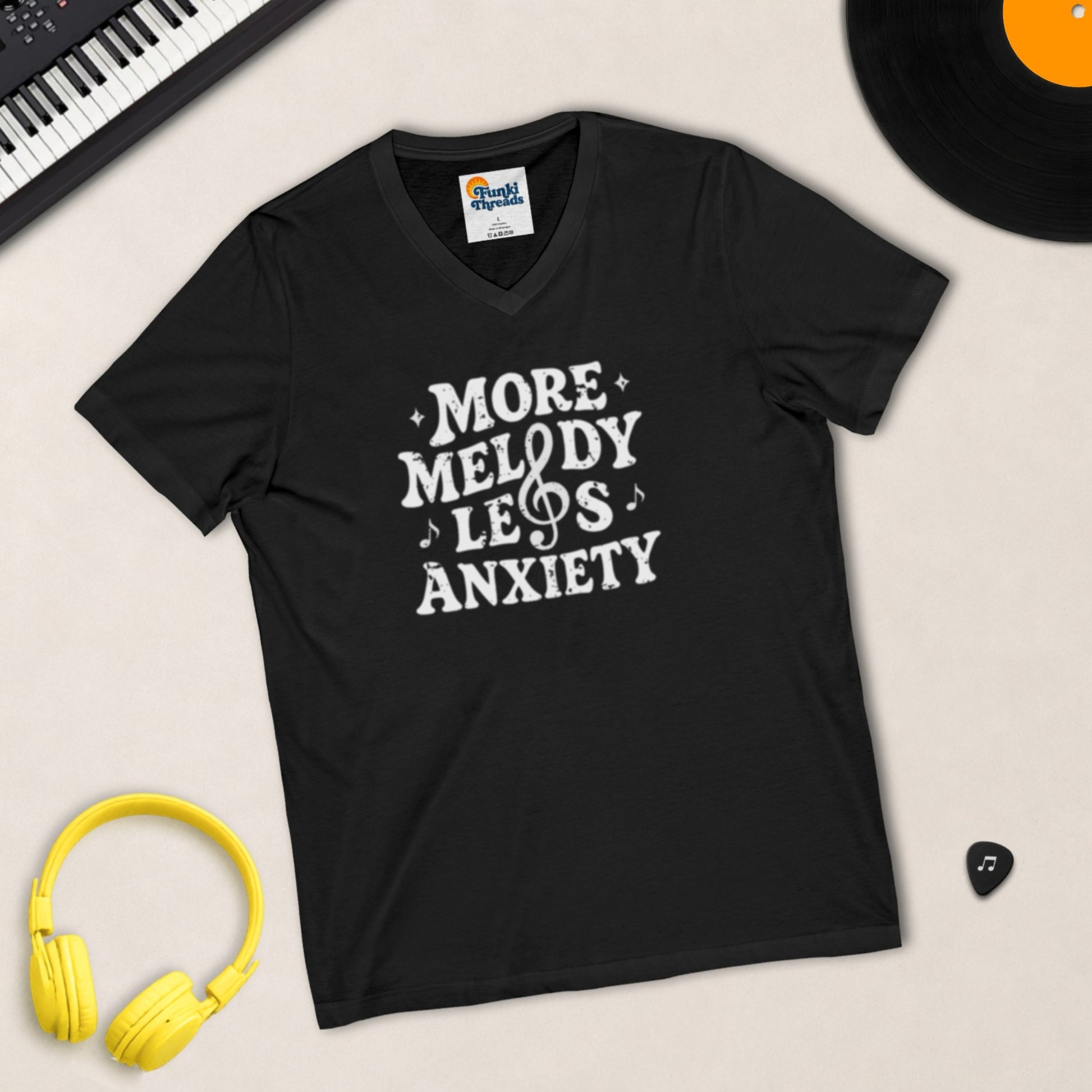 More Melody Less Anxiety V-neck t-shirt in Black