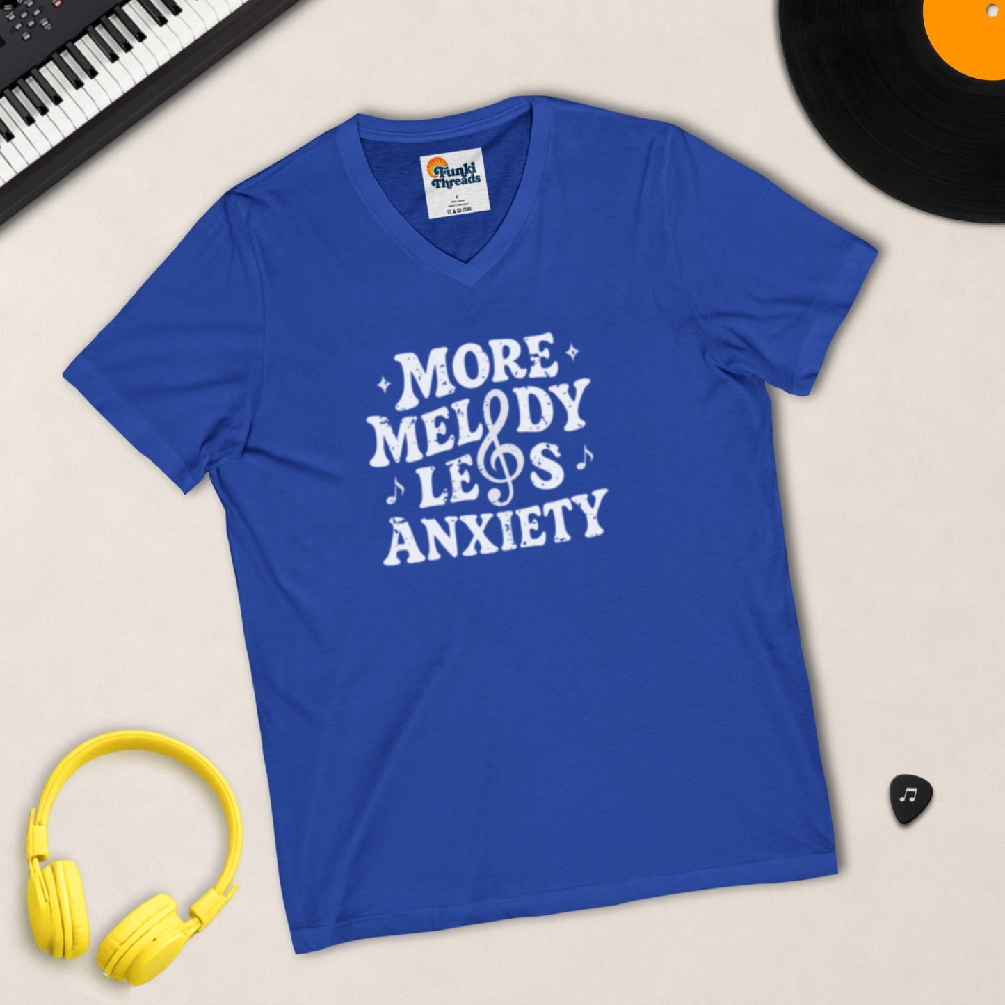 More Melody Less Anxiety V-neck t-shirt in True Royal